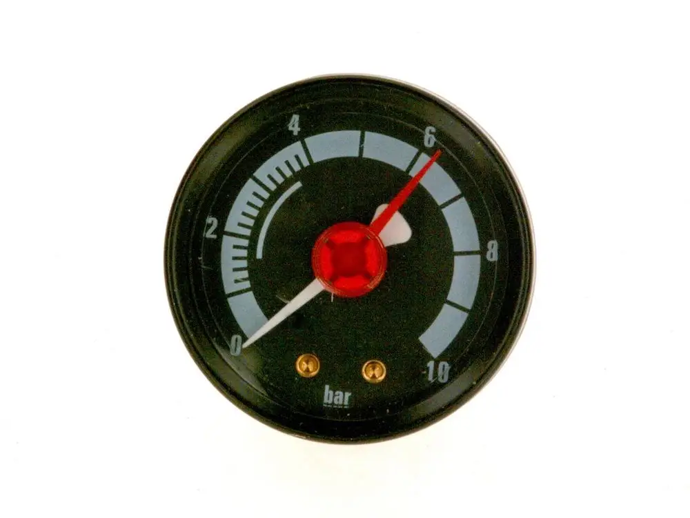 BOSCH Manometer mit einem Ziffernblatt, das Druckwerte bis 10 bar anzeigt. Die Skala ist deutlich ablesbar, mit einer roten Zeigeranzeige.